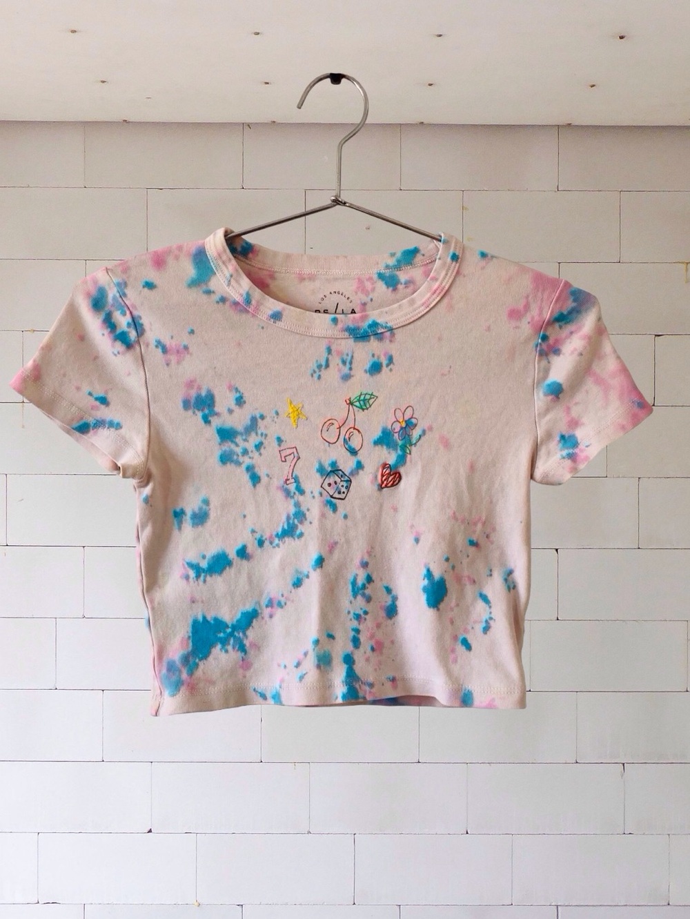PS / LA Upcycled Tie dye and  Embroidered Baby Tee XS